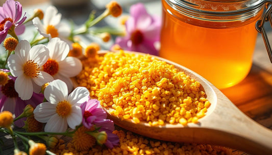 A close-up view of vibrant bee pollen granules scattered on a wooden spoon, surrounded by fresh flowers and a glass jar filled with golden honey, basking in soft natural sunlight, creating a warm and inviting atmosphere.